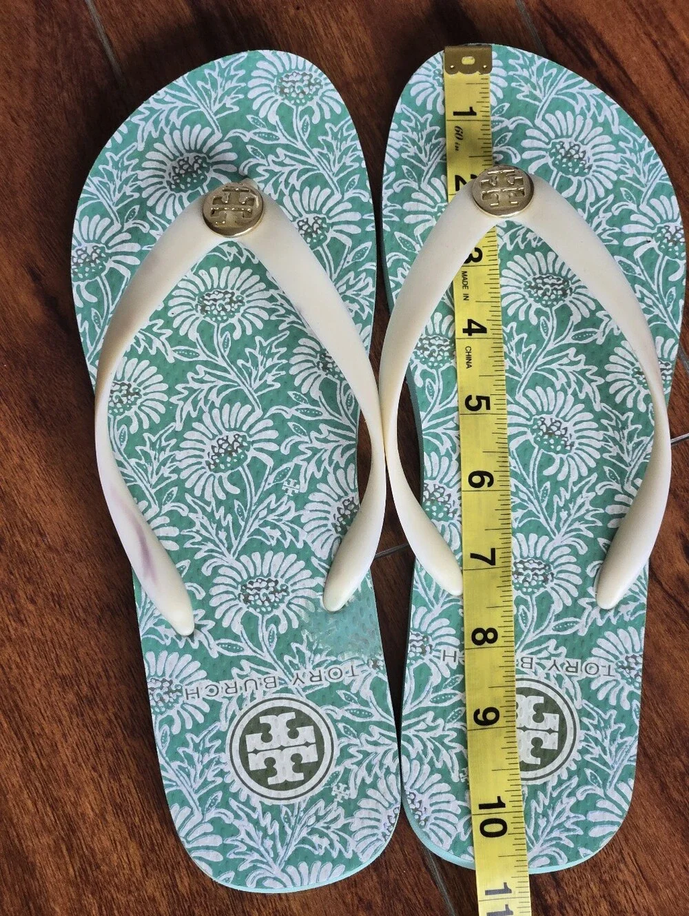 Tory Burch Logo Floral Green & Cream Flip Flops